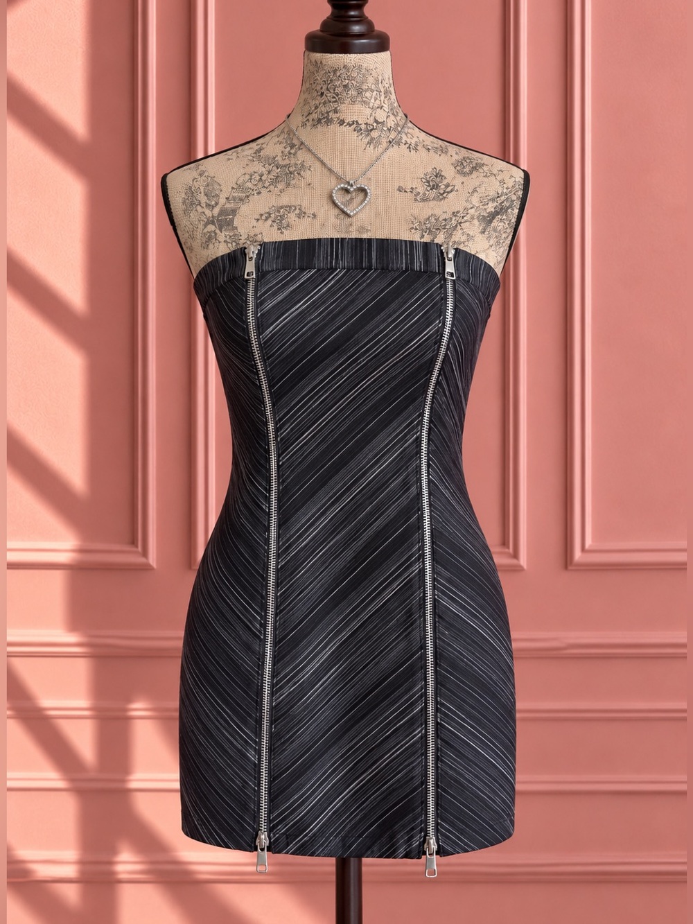 Y2K Le Château Black and Gray Pinstripe Mini Dress with Zippers Size XXS